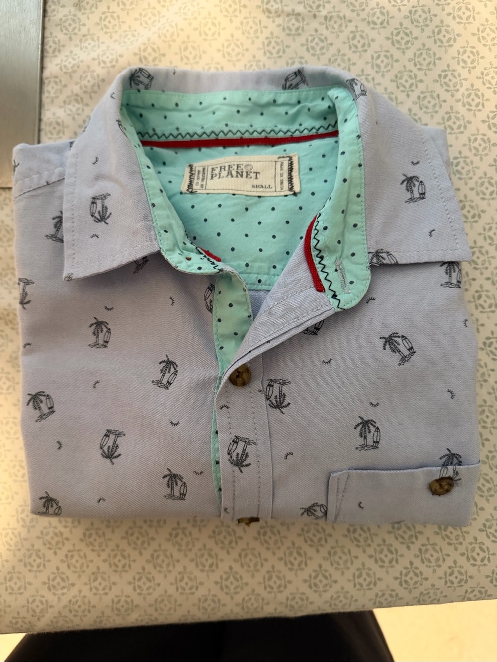 Free Planet Light Blue Button-Up Shirt with Mint Trim